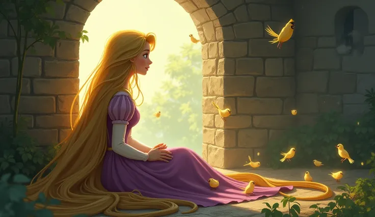 Every day, she sang sweet songs, hoping for freedom."**  
Prompt: Rapunzel sitting by the tower window, her golden hair flowing around her as she sings a soft, sweet melody. Her face is full of hope as birds gather near her, listening to her song