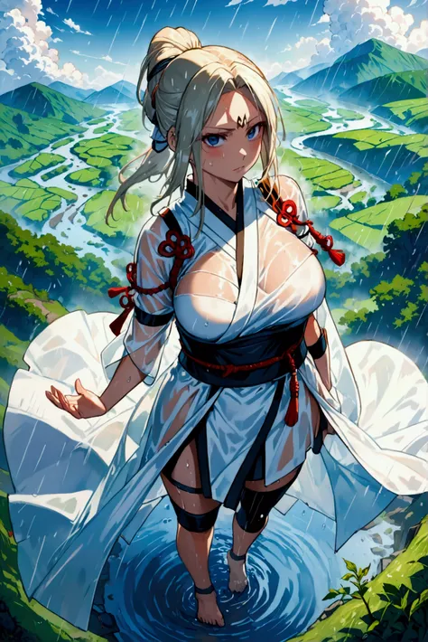 (8k, Best Quality, Dramatic, View your viewers, Intricate details:1.3),(One woman, Tsunade from naruto, Big Breasts, I can see the valley), (White color, Ninja uniform, See-through, Sweating, The whole body is visible, Being hit by rain, Soaking wet)