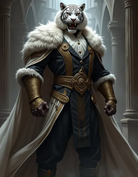 RPG, realistic tall man, a white tiger mask covering his face, metal mask, tall figure with white tiger mask, he is wearing formal clothing, but with intricate embellishments, the mask has golden intricate embellishment designs, angry expression, holding a...