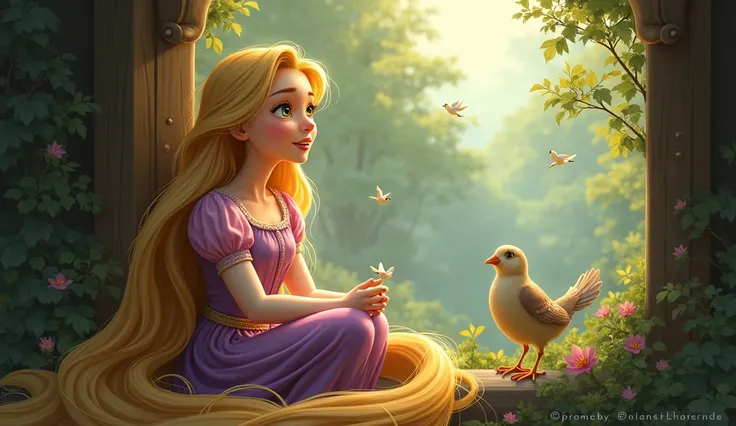 Every day, she sang sweet songs, hoping for freedom."**  
Prompt: Rapunzel sitting by the tower window, her golden hair flowing around her as she sings a soft, sweet melody. Her face is full of hope as birds gather near her, listening to her song