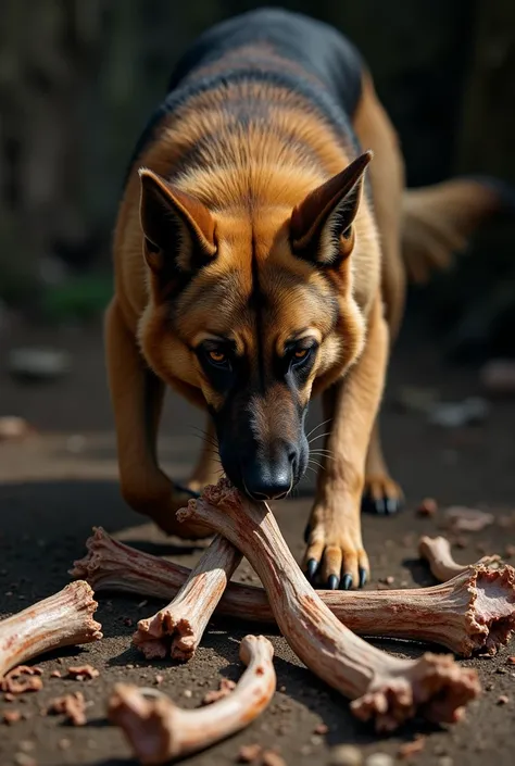 German Shepherd eating animal bones
