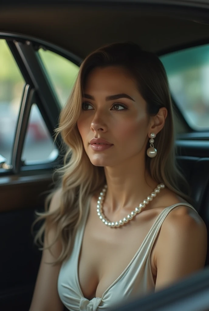 Best Quality, masterpiece, High resolution, Realistic, RAW Photos, 8K wallpaper, perfection, Professional Lighting, Very detailed, Written boundary depth, One Girl, Mature, In the car, formal mini skirt dress、one piece、High heels,Pearl Earrings、Pearl Penda...