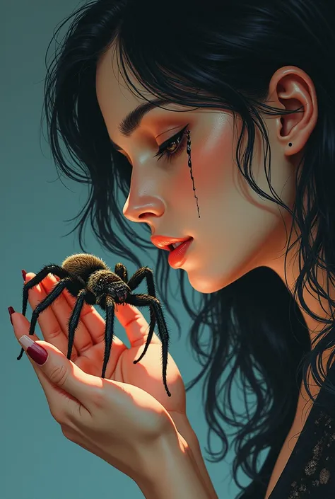 beautiful illustrated woman facing left holding a wolf spider in her hands close to her face, looking into the spiders eyes, she has black tears coming out 