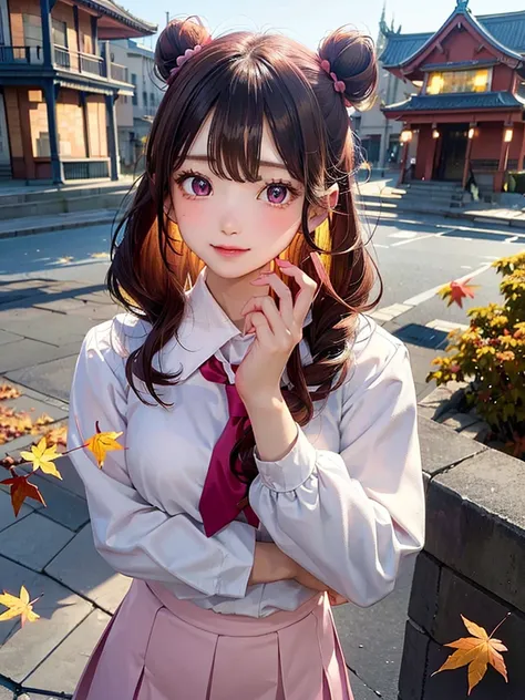 girl, (masterpiece: 1.2), (Best Quality: 1.2), up to date, AI-generated, Exquisite detail, Anime screenshots, Add XL, uniform, School trip, ancient capital city with autumn leaves, beautiful autumn leaves, skinny, slim, Narrow waist, Thin thighs, Thin legs...