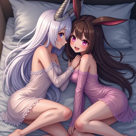 2 beast girl images created,4K，The beast girl on the left has dragon horns，White long hair with bangs, Purple pupil, Light purple slightly transparent nightdress，The beast girl on the right has long rabbit ears，Brown long hair, Pink eyes, Tipsy expression，...