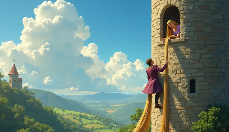 "He was enchanted by her voice and climbed up her hair to meet her."**  
Prompt: The prince grabs Rapunzel’s long golden hair and climbs up the side of the tower. The scene captures the prince scaling the tower wall with determination, Rapunzel looking dow...