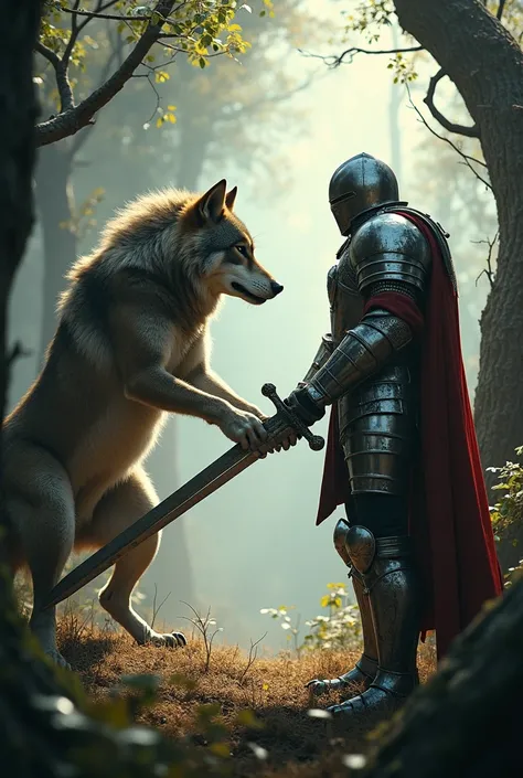 Wolf and Knight fight scene looking at each other 