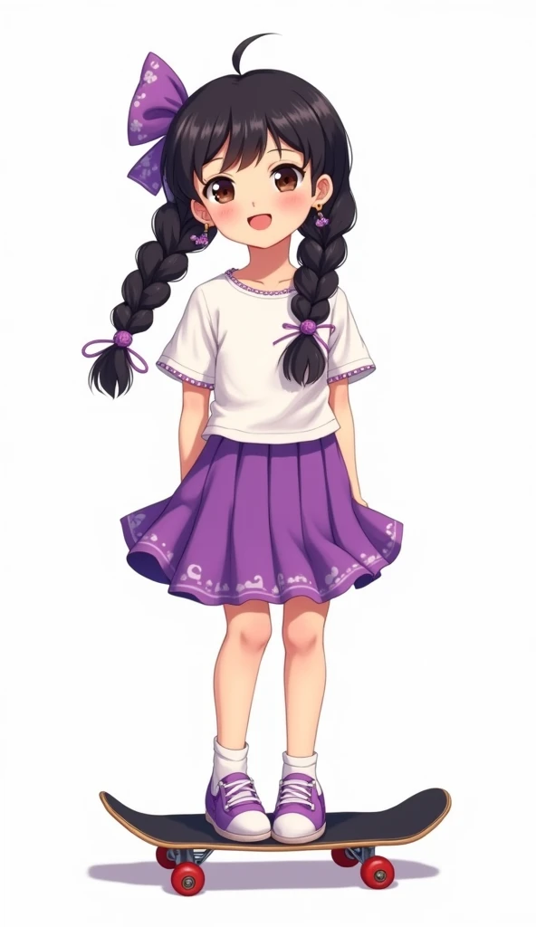 cka01，1girl，skateboard，Alone，hat，twin braids，braid，shirt，skirt，purple skirt，earrings，jewelry，purple footwear，white shirt，long hair，white background，full body，black hair，simple back child，purple headwear，bow，baseball cap，hair bow，standing，child，hair flower，...