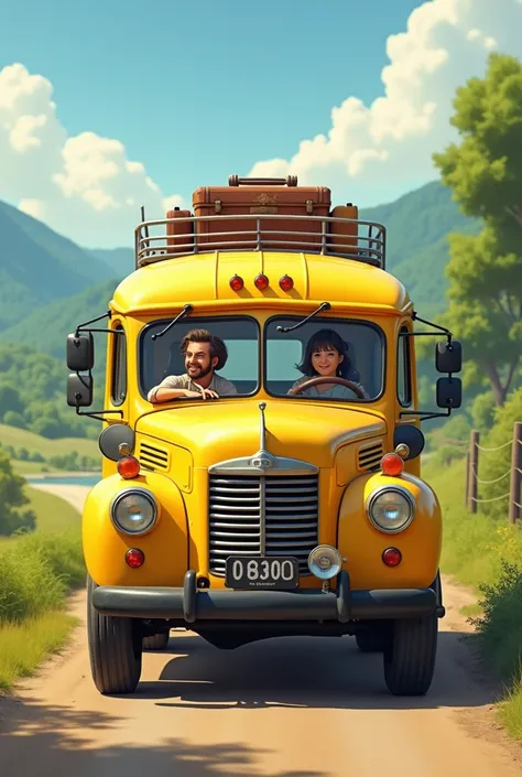 Old yellow bus with front and tail on a trip with luggage rack on top, couple driving, in a green landscape