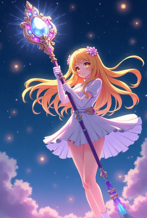 Yellow and orange long hair anime girl，White Gloves，short skirt dress，Night Sky，Huge Gem Staff