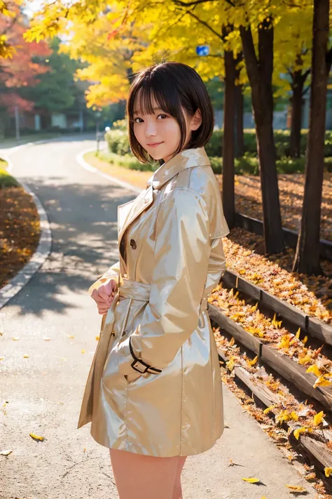 (8k、RAW Photos、Best Quality、masterpiece:1.2)、(Realistic、Realistic)、1 female、(short hair:1.0)、(Shiny Hair:1.0)、(Trench Coat:1.0)、(Bustle Skirt:1.0)、(Warm Tone Lighting:1.0)、(Shy Smile:0.5)、(at Park:1.0)、(autumn:1.0)、(Cowboy Shot:1.0)