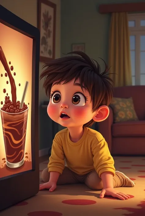 child watching a cartoon of a chocolate drink 
