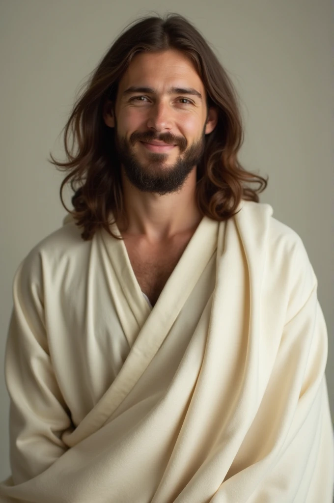 "A half-body image of a figure resembling Jesus, with a gentle, slightly joyful expression, looking straight ahead. The figure is depicted from the waist up, wearing a light-colored tunic, but it is not the traditional white robe. The setting is neutral wi...