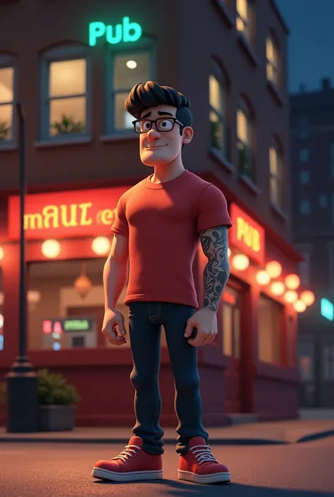 A 20 years guy with black hairs, wearing a cooling glass ,with light red t shirt, and light red shoes with black jeans , standing in front of a pub ,in night time, with slight pack body, and having a  tattoo on his right arm,in animated version 