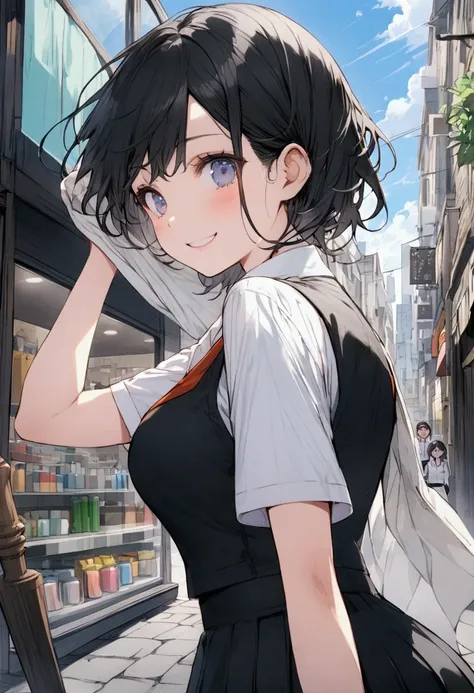 White shirt、Black vest、Black Mini Skirt、Blue sky background、Cityscape、Black Hair、sneakers、Holding a rag、A refreshing smile、Eyes with detailed expression、Work uniform、Female staff、Glass Shop