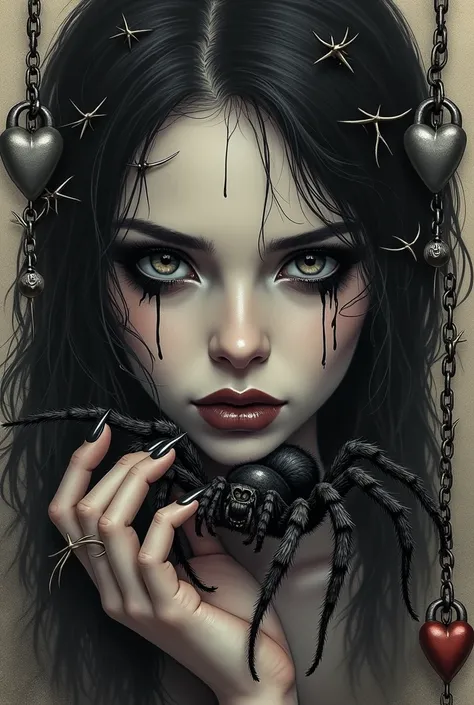 picture has a frame of short metal spikes and chains. chains have metal hearts. tattoo illustration of a close-up of a beautiful woman. she is facing left. she is holding a wolf spider in her hands, close to her face and looking into the spiders eyes. she ...