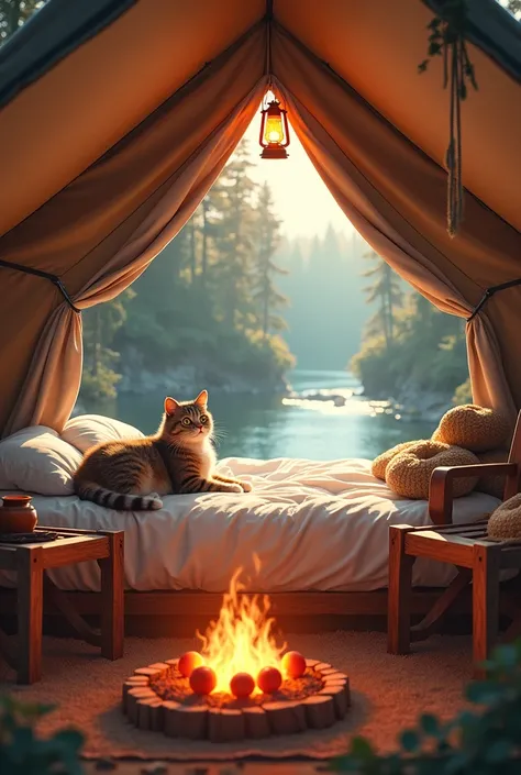 
**Camping Tent Scene**

**Inner View:**
Create a cozy interior view of a camping tent. Inside, there’s a white bed with a cat sitting comfortably on it. Hang a red lantern from the tent ceiling, casting a warm glow as it illuminates the space. A small TV ...