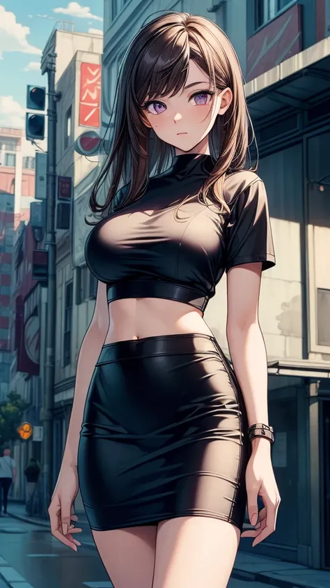 ((((masterpiece, best quality:1.8, high detail:1.5)))), beautiful woman, bright purple eyes, solo focus, (((large breasts))), long hair, ((brown hair)), hairpin, ((white t-shirt cropped short sleeves)), ((black midi pencil ((skirt)))), (((long black skirt)...