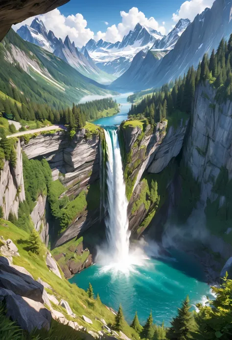 Super huge mountain、The Alps、Amazing views、Wonderful nature、Fantasy、Huge waterfall、High resolution、Best Quality、masterpiece,best quality, 4k, 8k, highres, (masterpiece:1.2), ultra-detailed, (photo realistic,:1.37), 