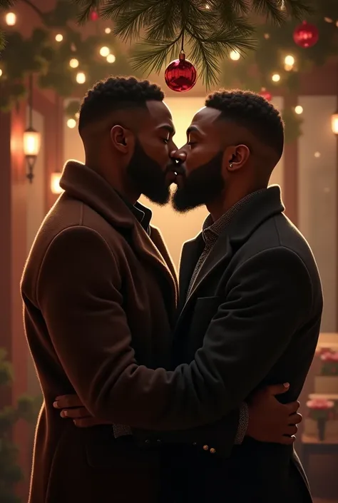 Black guys kissing under mistletoe 