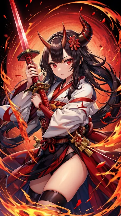 A beautiful samurai girl wearing a shiny red rubber kimono（1），A single demon horn grows from his forehead.，Holding a sword
（ One girl, Best Quality, 