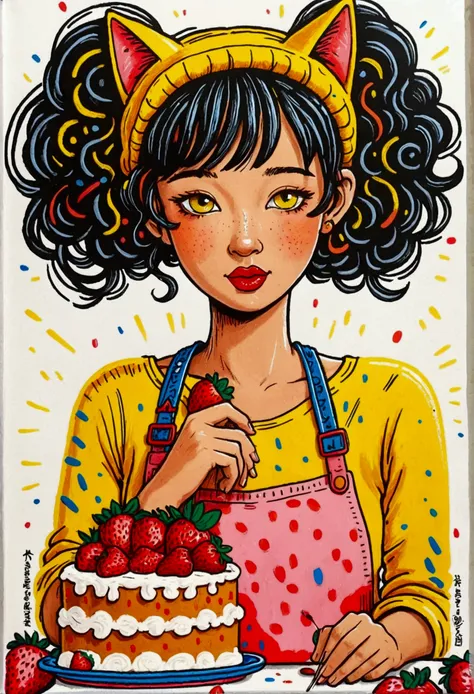 a cute cartoon girl making strawberry cake, upper body of the character, a yellow cat, keith haring style doodle, sharpie illust...