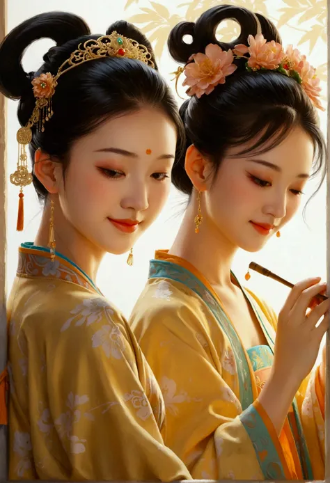 in this painting full of classical charm and modern interest，we saw four q-version girls of tang dynasty ladies，they are present...