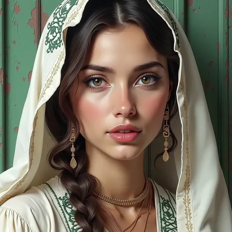 Custom Portrait of a character in a romantic novel of (ana de armas She is wearing a white caftan embroidered with green threads and a shawl on her head, and behind her is a green Najdi door. ) oil painting styledetailed  face , digital art , by Ambreen ,c...