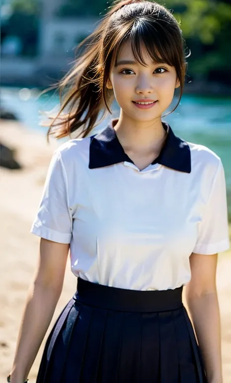 (1girl, a gorgeous lady, 22yo, wearing a navy sailor uniform, white shirt, navy pleated skirt, navy bow, JK uniform, Serafuku, Seifuku, big JK ribbon,

Beautiful detailed face, beautiful facial features, realistic eyes and face details, red lipstick makeup...