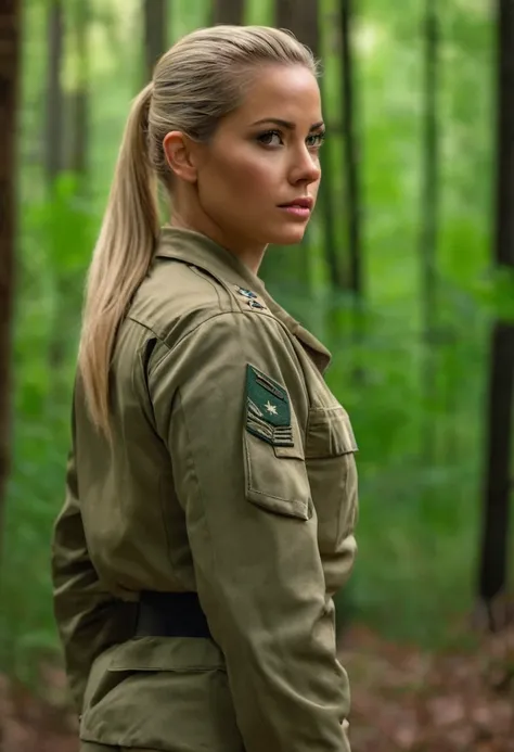 A realistic 30-year-old European woman with blonde hair tied back in a ponytail, wearing a form-fitting and slightly revealing United States military uniform, accentuating her curvy figure. He was standing in the middle of the forest. The image is highly d...