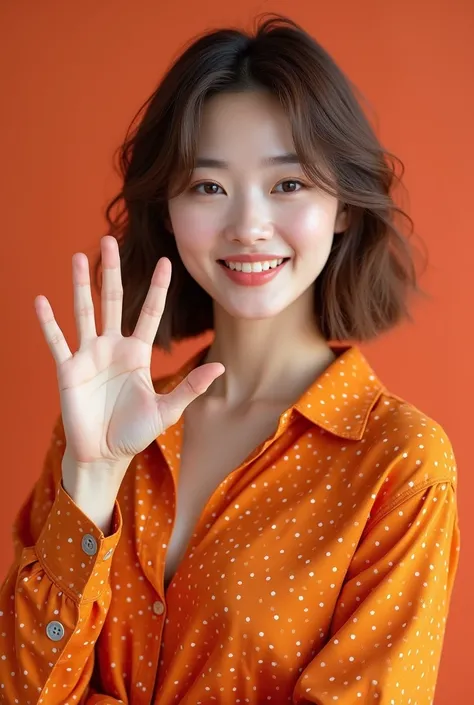 high-quality 8K image of a beautiful Korean woman with a sharp focus and detailed features. She has brown styled in a bob, with slightly thick lips, wearing light lipstick and smiling cuty. She is standing alone, She wears a deep orange unique Dots pattern...