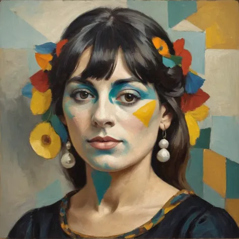 1woman, style of Pablo Picasso, bangs, colorfull