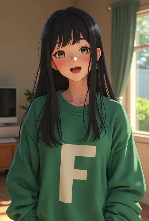 A mature girl in her late teens、cute、Droopy eyes、Black Hair、Lots of bangs、Excessive hair around the face、Firm Skin、A green sweater with white letters in big capital letters in the middle"F"She is wearing a woolen sweater with just the words、The sweater is ...