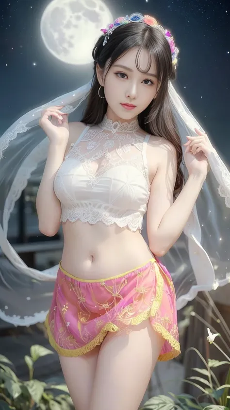 ((masterpiece)),((Best Quality)),Women and women,Beautiful and attractive woman(2 people), Amazing details，Micro T-String ,Random color hair,Very long hair,(The texture of a pure white see-through dress、Bold and exaggerated streamlined skirt，Openwork texti...