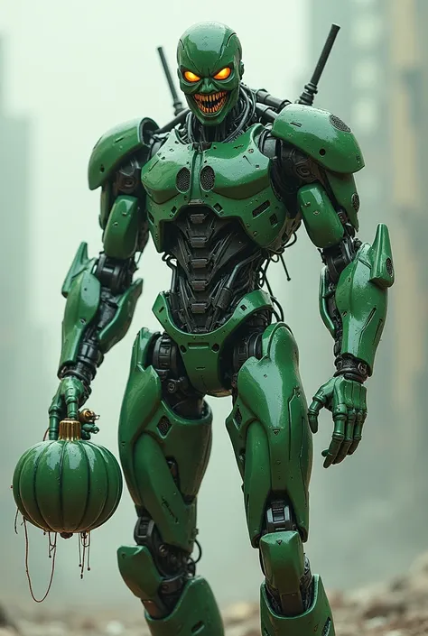 Robot green goblin, marvel superhero, standing straight forward, with robot pumpkin bomb in hand