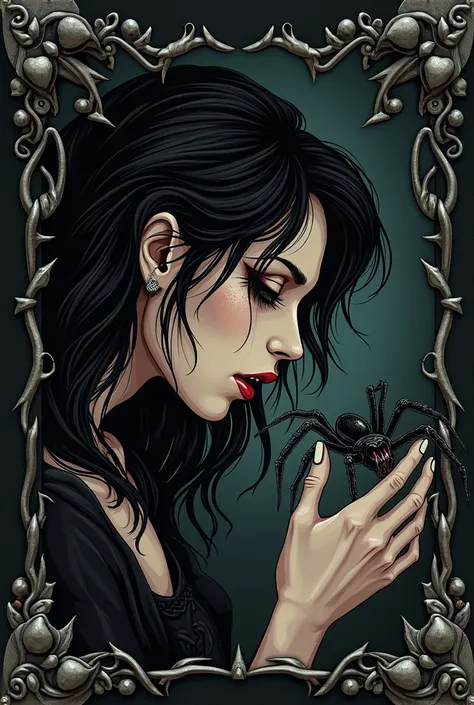 picture has a frame of short metal spikes and chains. chains have metal hearts. tattoo illustration of a close-up of a beautiful woman whose face is pointing left. she is facing left. its her side profile, she is looking left. she is holding a wolf spider ...