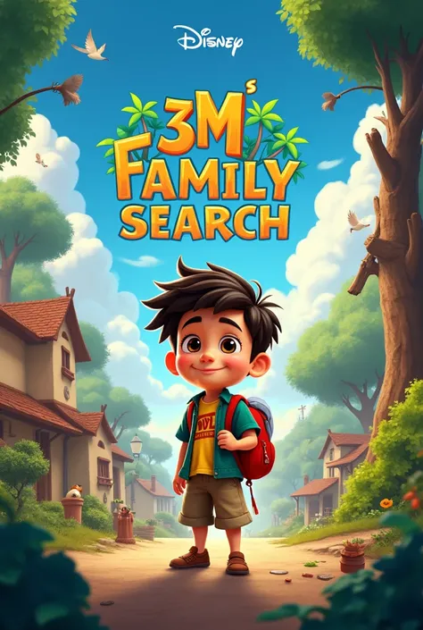 Create a Disney-style movie poster about Lucas Lambicu who is looking for his parents with the title 3m family search written in Brazilian Portuguese