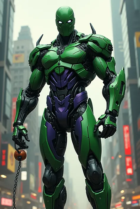 Green goblin as robot cartoon, marvel superhero, standing straight forward, with robot pumpkin bomb in hand