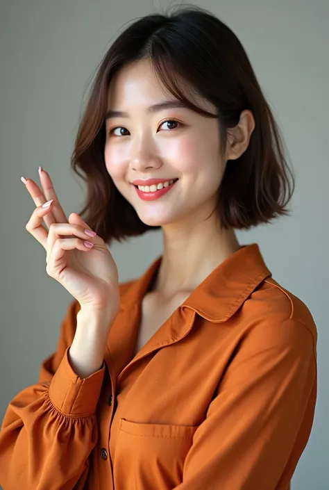 high-quality 8K image of a beautiful Korean woman with a sharp focus and detailed features. She has brown styled in a bob, with slightly thick lips, wearing light lipstick and smiling cuty. She is standing alone, She wears a deep orange unique Dots pattern...