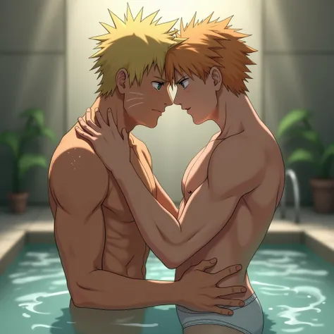 Muscular Naruto Uzumaki goes gay 1 boy, a boy is grabbing boys breasts from behindアニメ風, Background blur,Open-air bath,sweat,Sticking foreheads together,White Thong,