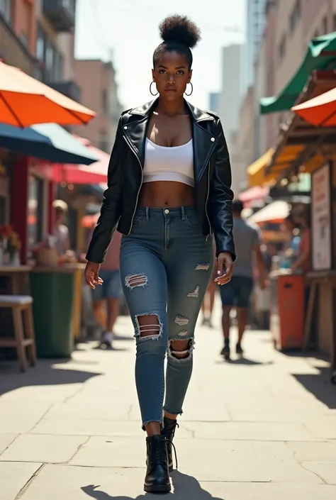 A curvaceous Black woman wearing a fitted, black leather moto jacket over a white crop top, paired with ripped skinny jeans and black ankle boots. Her hair is styled in a high bun. The setting is an outdoor urban promenade with street vendors, food trucks,...