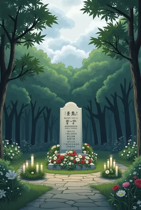 Create a poignant illustration of a somber memorial dedicated to the victims of Unit 731. The scene should include a peaceful setting with flowers and candles, surrounded by trees under a cloudy sky. Incorporate a simple, respectful monument with inscripti...