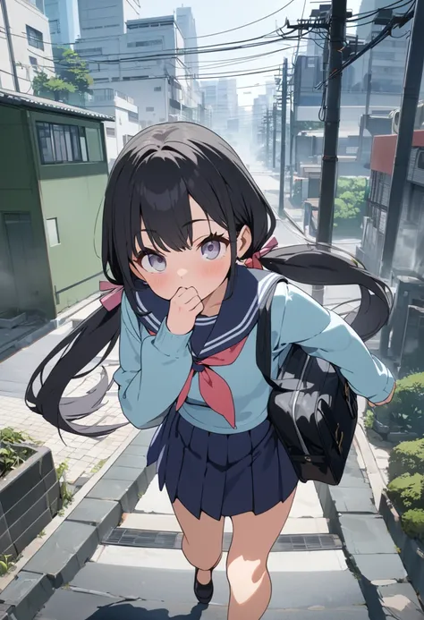 High resolution, 8k, best quality, masterpiece, ultra detailed, anatomically correct, anime,
1girl, hard running,
very long low twintails with red ribbon, very long low pigtails, black hair, [dark brown eye,:999]
white of the eye, purse own mouth,
long sle...