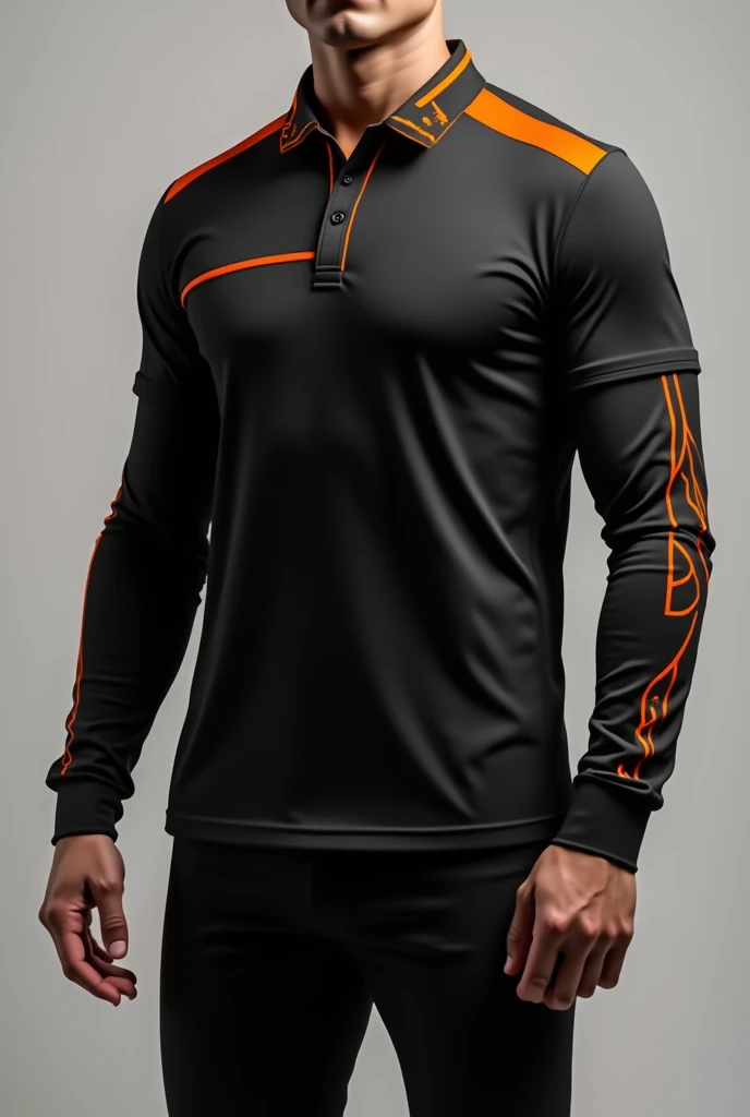 I need a long sleeve jersey that is all black and has orange details., It can be on the sleeves or on the chest. I have a delivery company..

