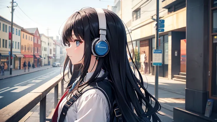 A young girl with black hair is wearing stylish clothes and headphones labeled "Lo-Fi." She is shown in profile, with a calm and serene expression as she gazes into the distance. Her hair is meticulously detailed, and her outfit is crafted with great atten...