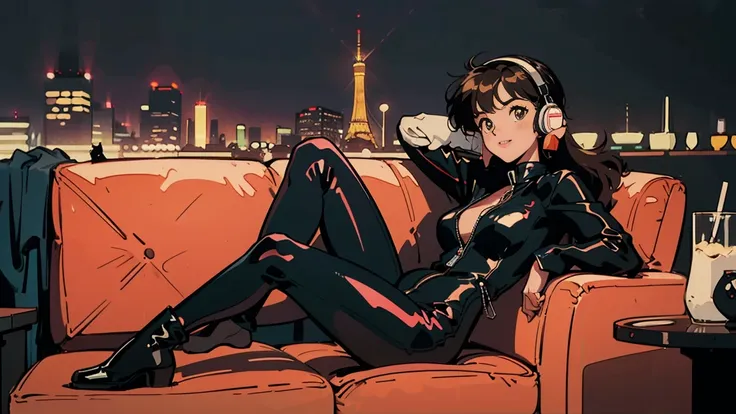 Best Quality, 8k, 1990s Style,Hairstyles of the 2010s 2: Young Women, Black Hair, Long Hair, Light brown eyes, Lofi,shiny rubber cat suit , zipper,  Night view of Osaka, Wearing headphones,Have a smartphone, whole body,  Relax Coffee,Leather sofa,look at m...