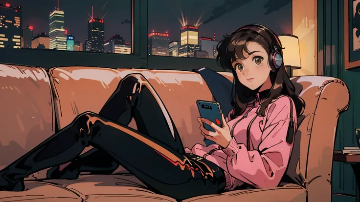 Best Quality, 8k, 1990s Style,Hairstyles of the 2010s 2: Young Women, Black Hair, Long Hair, Light brown eyes, Lofi,shiny rubber cat suit , zipper,  Night view of Osaka, Wearing headphones,Have a smartphone, whole body,  Relax Coffee,Leather sofa,look at m...