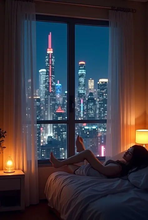 Bedroom with view of tall buildings at night