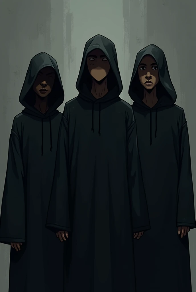 A cartoon style drawing/anime that has 3 black people in black clothes and hoods that resemble this poem: "In the shadows of a turned away look,  
Silent hate walks,  
Tattooed on the silent face,  
Of spiteful prejudice.  

In mind, in pain, wears out,  
...