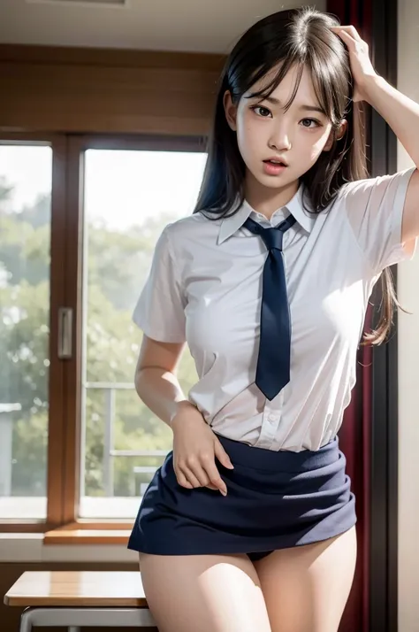 Innocent beautiful schoolgirl in lewd underwear screams with her mouth open in shame:1.2, A female student who was stripped of her school uniform by a male student shows a shy pose, Being stared at by male students at close range, Vivid and realistic, Face...